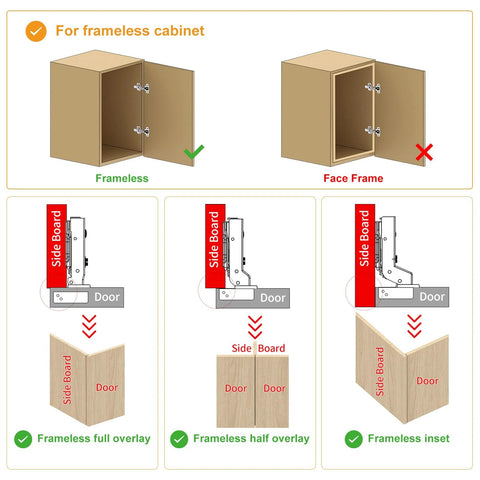 Chibery 10-pack frameless inset satin-nickel concealed cabinet hinges; diagrams show frameless install and overlay/inset
