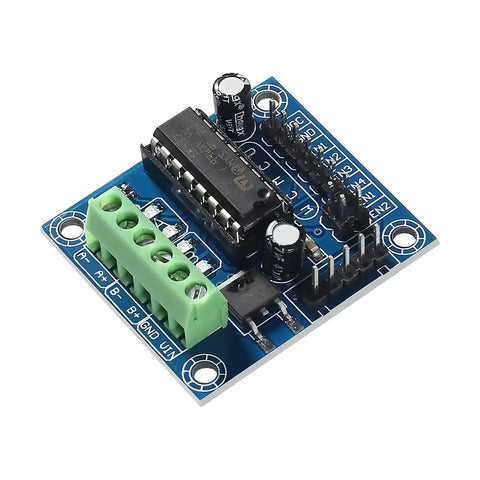 Arduino Friendly Mini Stepper Motor Shield With L293D Driver, green terminal, blue board, for robotics and motor projects