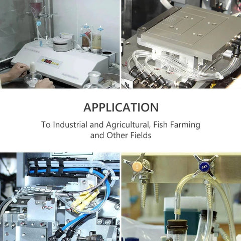 Collage of industrial and laboratory setups using 10 Ft Clear Vinyl Tubing 1 Quarter Inch ID Flexible Hybrid PVC Hose for various applications.