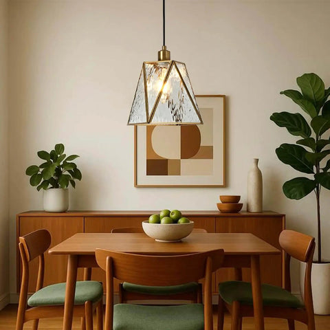 Copper Brass Pendant Light With Water Ripple Glass Lampshade installed in modern dining room, warm glow, 10.2 inch geometric lighting
