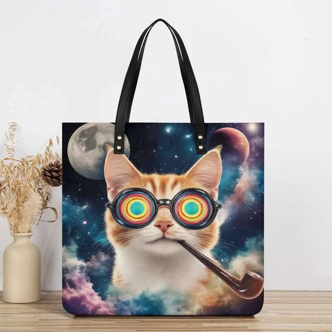 Leather tote bag with surreal cosmic cat design, featuring a pipe and vibrant glasses, against a starry night background.