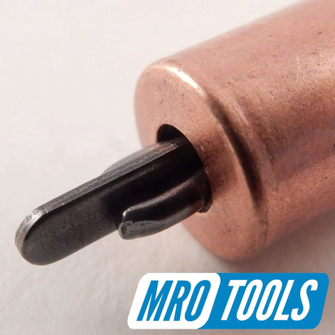 Close-up of plier-operated 1/8 Inch Cleco Sheet Metal Fasteners Kit with 100 Pieces, featuring a copper finish for DIY projects.
