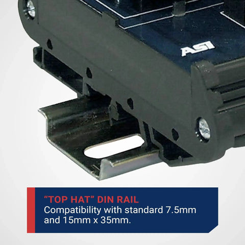 Close-up of IMACP02 Duplex Three Prong Modular Outlet DIN Rail Mount AC Receptacle Black for 120V 15A NEMA 5-15P