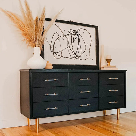 10 Piece 5 Inch Gold Cabinet Handles Set Crystal Acrylic Drawer Pulls With Brushed Brass Finish on black dresser