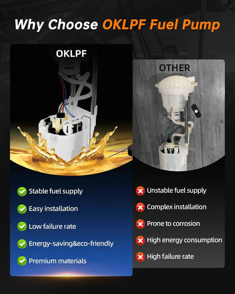 Comparison between OKLPF and other fuel pumps highlighting stable supply, easy installation, efficiency, and durability.