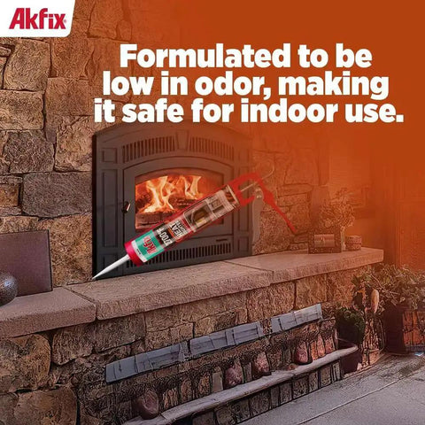 Heat Fighter Black Fireplace Sealant Withstands Up To 2700F Direct Flame Sealing cartridge in front of a stone fireplace.