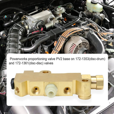 PV2 brass proportioning valve for disc and drum brake systems; gold brass block with multiple ports.