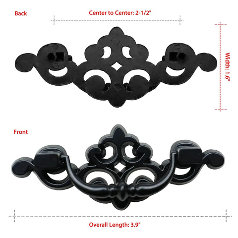 8 Pack Matte Black Drop Bail Drawer Pulls Two And A Half Inch Center Vintage Cabinet Handles, front and back view.