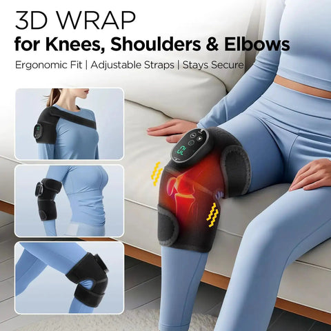 Person using Cordless Knee Massager With Heat And Battery Pack for knee pain relief on a couch, adjustable straps visible