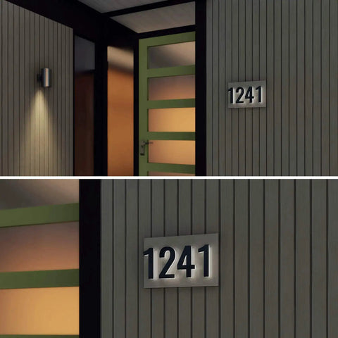 7 Inch Back Plate For Lighted Address Numbers, Rugged Stainless Steel Mount For Four Digits, Charcoal Gray Outdoor Address Solution on house wall