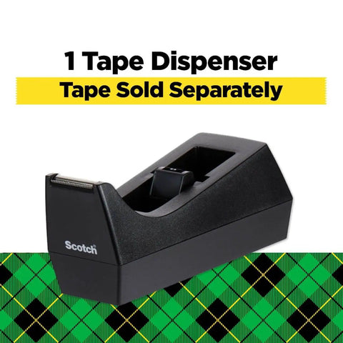Desktop Tape Dispenser, Black Polystyrene, Weighted Base, One-Hand Dispensing, Refillable 1-in Core, displayed on packaging