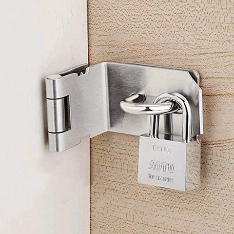 4 Inch Door Hasp Latch 90 Degree Stainless Steel Right Angle Padlock Hasp Locking Latch on wooden door