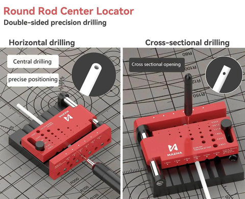 Round Rod Center Locator Drill Guide Jig For Precise Hole Positioning With Adjustable Drilling Size displayed in use on grid mat.