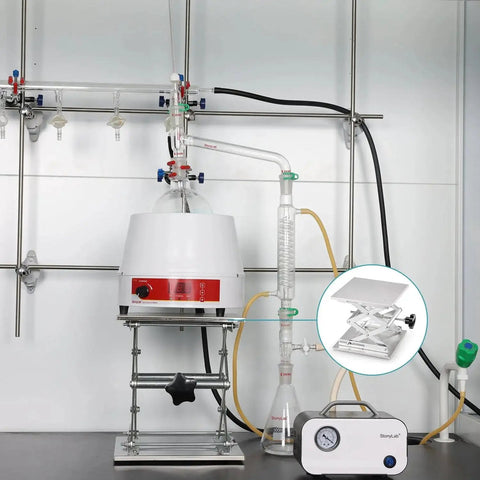 Laboratory setup with 6x6 Inch Lab Scissor Jack, Stainless Steel Lift Stand, 75-260mm, 10kg for supporting laboratory equipment.