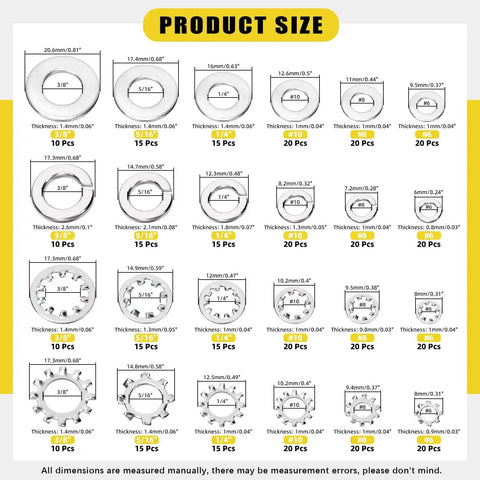 Product size chart for Must Have 400 Piece Stainless Steel Lock Washer Set With Flat, Split, Internal Tooth And External Tooth Washers.
