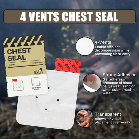 Vented Chest Seal For Penetrating Chest Wounds With 4 Vents Rhino Rescue Sterile Emergency Trauma Dressing design