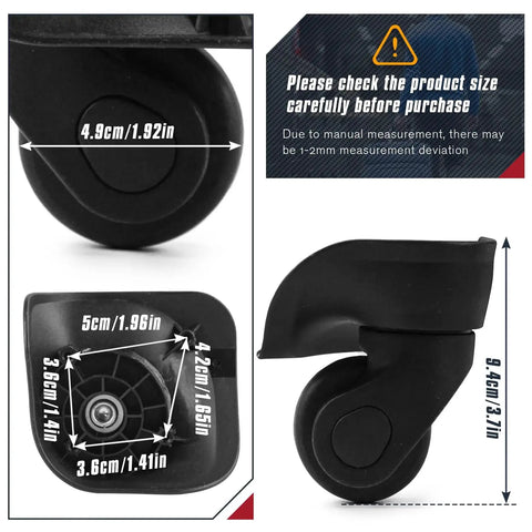4 Pack Luggage Replacement Wheels Set with Screws for Suitcase Roller Trolley Casters Not Universal Compatible Only When Wheel Shape Hole Pitch And Size Match W041 L Durable Aluminum Core for Hard And Soft Suitcases, black wheel measurements shown