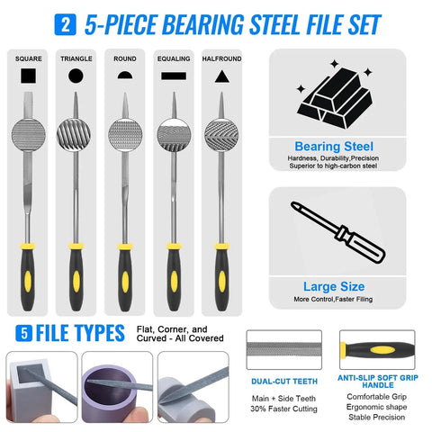 5-piece bearing steel file set with soft grip handles and dual-cut teeth, including square, triangle, round, equalizing, and halfround files.