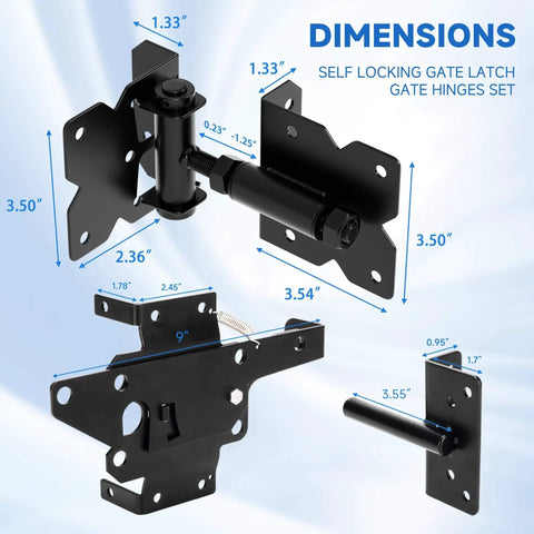 Pro Grade Self Closing Gate Hardware Kit With Heavy Duty Hinges And Latch for Wooden Vinyl PVC Fence Gates dimensions view
