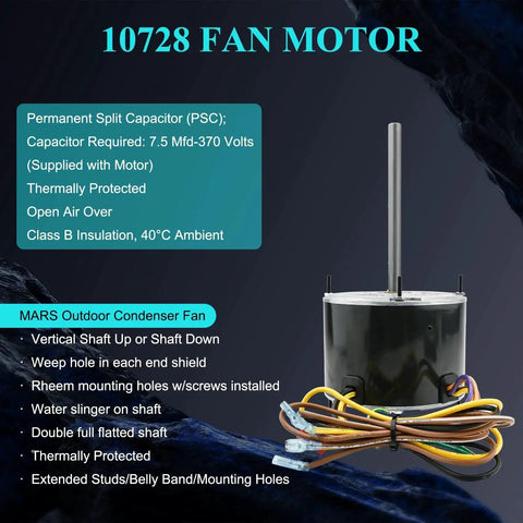 Condenser Fan Motor Replacement 10728 with specifications, including compatible with MARS, AO Smith, Fasco, Genteq, Diversitech.