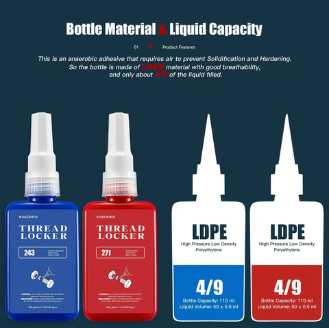 Front view of 2 Pack Thread Locker Blue 243 Medium And Red 271 High Strength Pro Grade Metal Sealant for bolts and nuts
