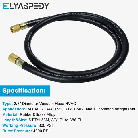 HVAC vacuum hose, 3/8 in diameter, 5 ft long, black rubber with brass 3/8 in fittings, 800 psi working, 4000 psi burst