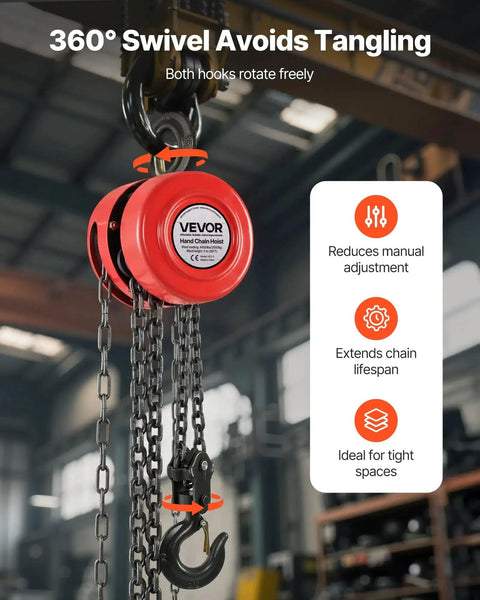 Heavy Duty Hand Chain Hoist 2 Ton With 10 Ft Lift and Galvanized G70 Chain hanging in a warehouse setting