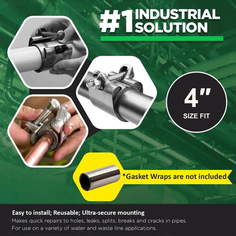 Heavy Duty Stainless Steel Pipe Repair Clamp 4 Inch IPS Single Bolt 3 Inch Long For Copper PVC Galvanized Piping Pin Hole Puncture Patch Repairs With Rust Resistant 304 Grade Construction By Highcraft, showcasing installation on pipes.