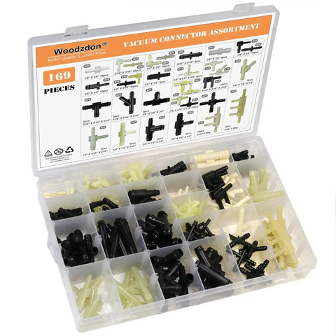 169-Pc Vacuum Connector Kit With 32 Sizes And 169 Pieces in compartment box, including nylon fittings, vacuum tee, barbed connectors
