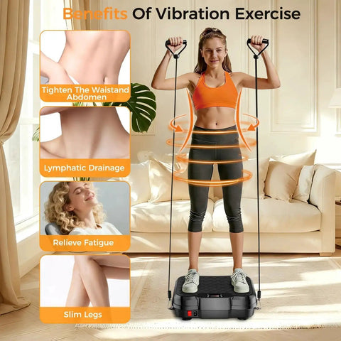 Woman using Vibration Plate Exercise Machine For Lymphatic Drainage And Weight Loss, Full Body Shake Platform with 9 Modes and 0-250 Speed Levels for home fitness