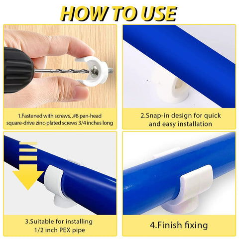 OWMOSYX 50-pack white plastic U-shaped PEX pipe clamp for 1/2 inch tubing; quick install, PVC water pipe support.