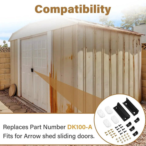 Door Tune Up Kit For Arrow Shed Sliding Doors DK100 A Replacement Parts including 2 handles, guides, slides, screws, and nuts shown