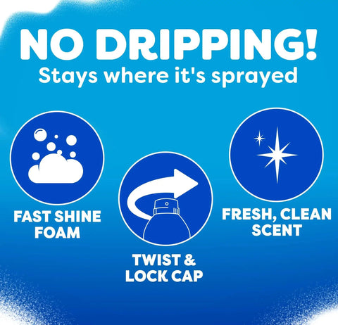 Fast Shine Foam Glass Cleaner No Drip Aerosol Spray 19 Oz Pack Of 2 features no drips, twist lock cap, and fresh scent icons.