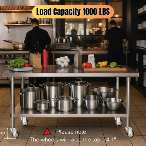Stainless steel kitchen cart with 3 Inch Expanding Stem Prep Table Casters Set of 4 Threaded Swivel Heavy Duty Castors, 1000 lbs load capacity