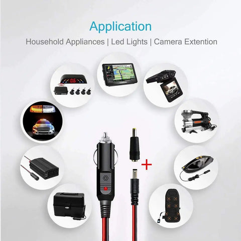 Heavy Duty 12 To 24 Volt Car Charger Cable With Dual DC Plug Sizes For Five Point Five By Two Point One Millimeter And Four Point Zero By One Point Seven Millimeter To Car Cigarette Lighter Male Plug LED Indicator Four Foot Cord And Three Amp Fuse – application for household appliances, LED lights, camera extension.