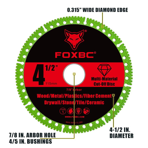 Front view of Indestructible Four And One Half Inch Multi Material Cut Off Disc For Angle Grinders With Seven Eighths Inch Arbor Diamond Grit Rim For Long Life And Fast Material Removal Three Pack By FOXBC.