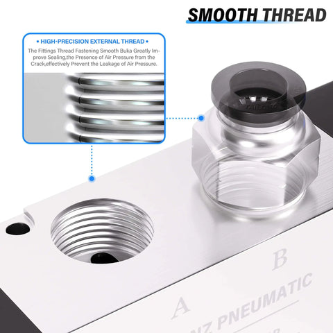 Close-up of a 5 Way 2 Position Hand Pull Pneumatic Valve with 1/4 inch NPT ports, highlighting smooth high-precision external threading.