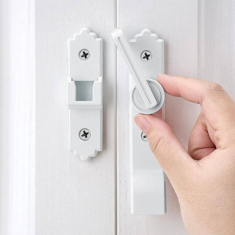 Two Pack 180 Degree Barn Door Lock With Handle in use, featuring heavy duty flip gate latch for sliding doors, shown on white door