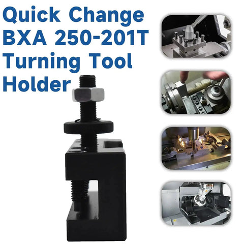 Oversize BXA 250-201T Turning Tool Holder for CNC Lathes featuring quick-change functionality, shown in machine setup.