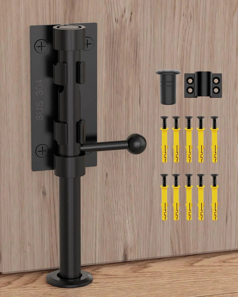 304 Stainless Steel Slide Bolt Gate Latch 8 Inch Sliding Barrel Bolt Door Lock with screws and fittings, shown installed on wood.
