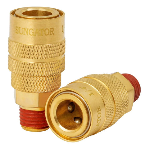 Quarter Inch NPT Male Air Hose Quick Connect Fittings, 2 Pack Brass Industrial Couplers With 6 Ball Bearings For A Rock Solid Secure Fit