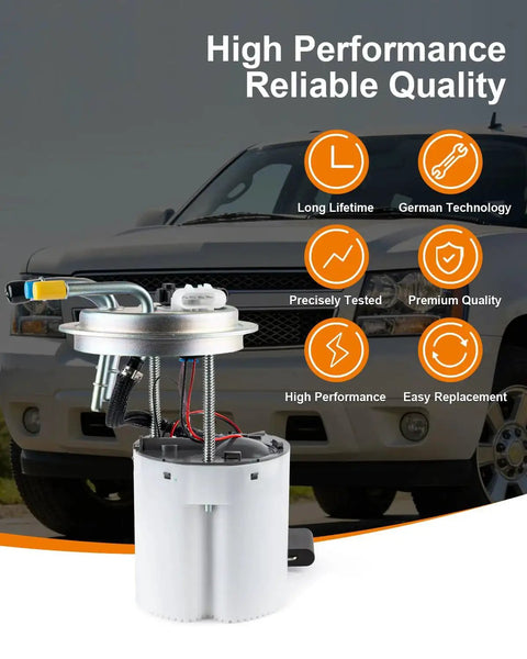 Electric Fuel Pump Assembly For GM SUVs And Trucks 2004-2007 Avalanche Suburban 1500 Yukon XL 1500 Escalade ESV EXT V8 5.3L 6.0L 6.2L Replacement E3610M With Pressure Sensor displayed in front of SUV background with performance icons