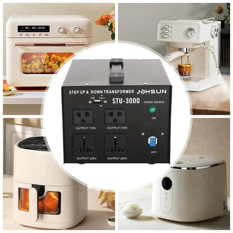 Heavy Duty 3000W Voltage Converter Transformer For 110V To 220V And 220V To 110V with multiple appliances in background