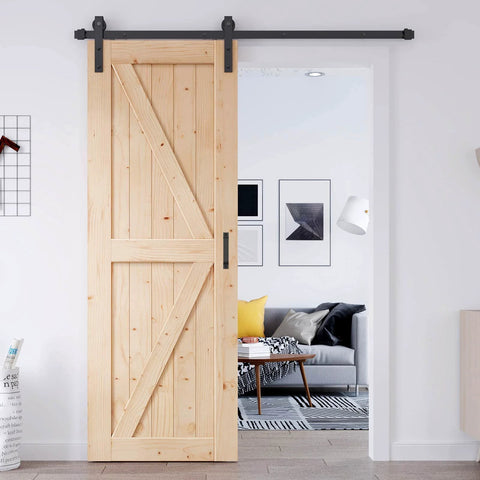 32 Inch By 80 Inch Sliding Barn Door With 5.5 Foot Hardware Kit And Handle Included Easy Install DIY Assembly For Your Home And Storage Spaces K Frame installed in a living room entrance, spruce wood material, K frame design.
