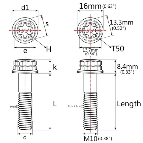 Diagram of Titanium Flange Bolt 12 Point Head M10x55mm Pitch 1.5mm Burnt Blue Pack Of 4, showing dimensions and 16mm flange diameter.