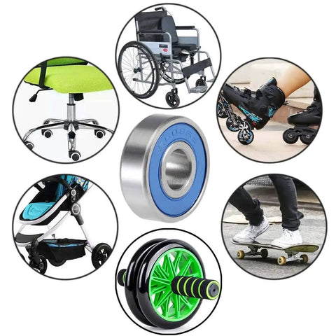 Deep Groove Ball Bearing S608-2RS used in chairs, wheelchairs, skates, baby strollers, skateboards, and scooters.
