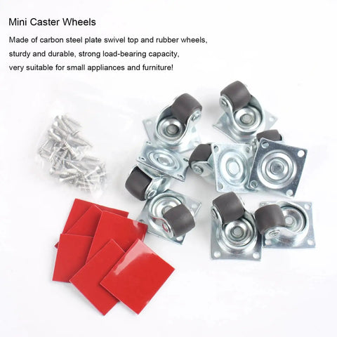0.5 Inch Mini Swivel Caster Wheels With Self Adhesive Plate Low Profile Rubber Casters for Furniture and Appliances, 8 Pack