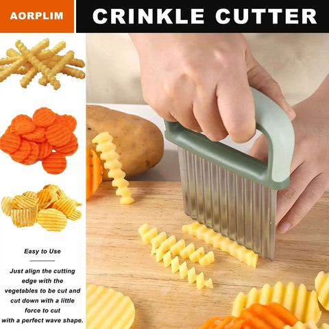 Person using Wave Slicer Dicer 2 Pack Crinkle Cutter And Potato Cutter With Stainless Steel Blades to cut potatoes on a board.