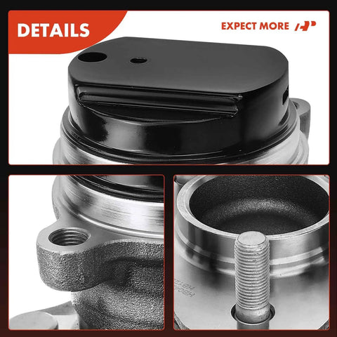 Close-up of rear wheel bearing and hub assembly for Nissan Rogue Rogue Sport and Qashqai 5 lug FWD, showing metal finish and components