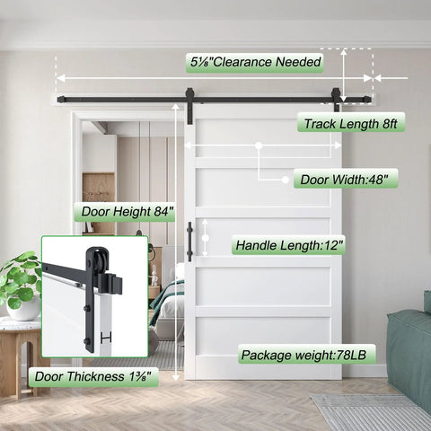 48 By 84 Inch White Barn Door With 8 Foot Sliding Hardware Kit Included And Handle MDF And PVC Surface Durable Water Proof And Scratch Proof Finish DIY Assembly 5 Panel Style Fits 45 To 47 Inch Opening, shown installed with measurements